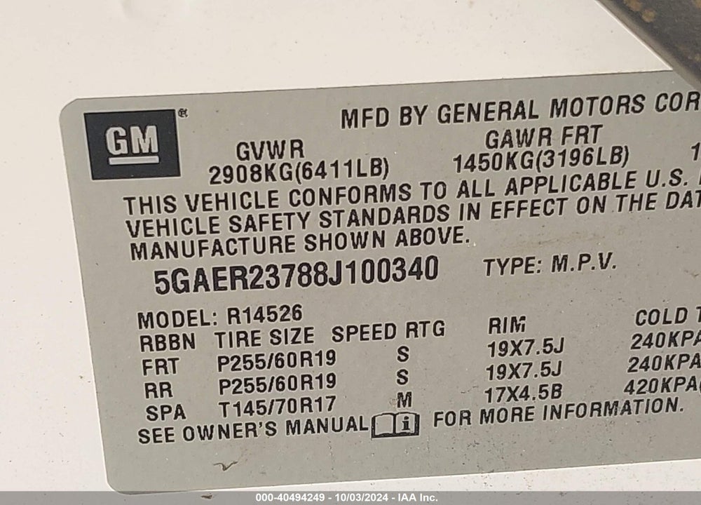 2008 BUICK ENCLAVE CXL VIN: 5GAER23788J100340