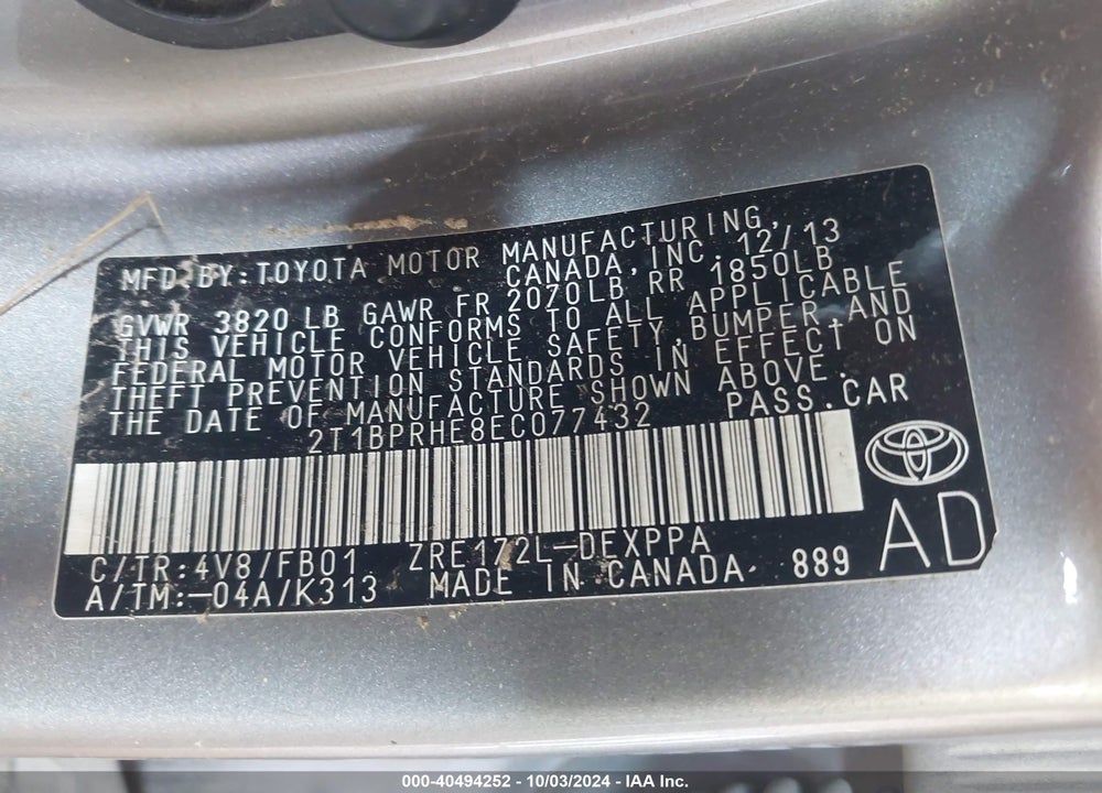 2014 TOYOTA COROLLA LE ECO PLUS VIN: 2T1BPRHE8EC077432
