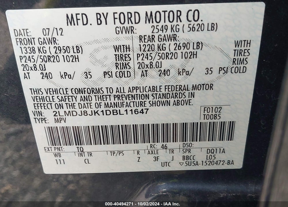 2013 LINCOLN MKX VIN: 2LMDJ8JK1DBL11647