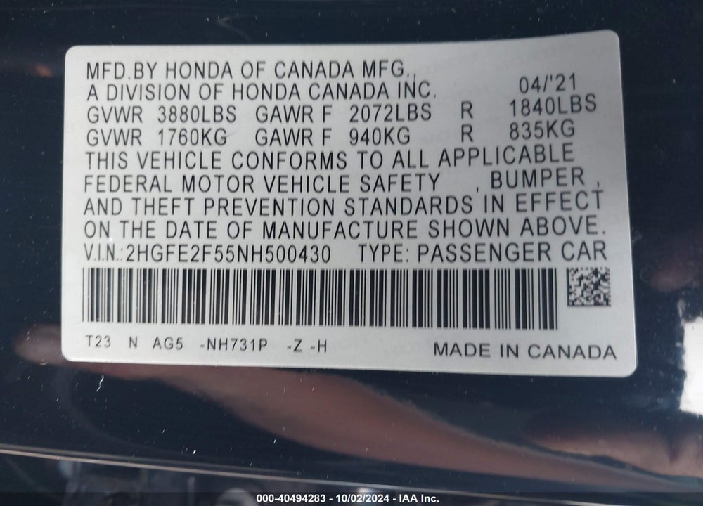 2022 HONDA CIVIC SPORT VIN: 2HGFE2F55NH500430