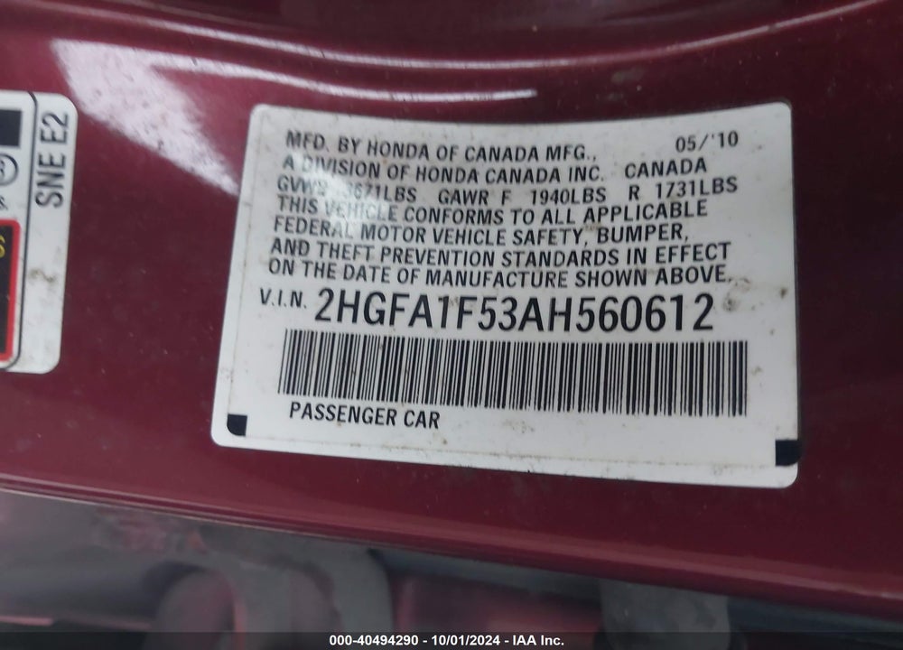 2010 HONDA CIVIC LX VIN: 2HGFA1F53AH560612