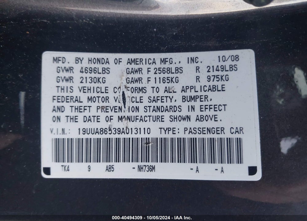 2009 ACURA TL 3.5 VIN: 19UUA86539A013110