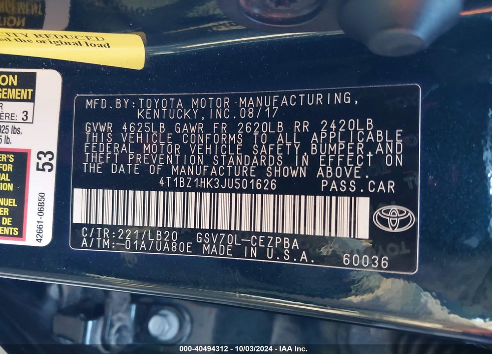 2018 TOYOTA CAMRY XSE V6 VIN: 4T1BZ1HK3JU501626