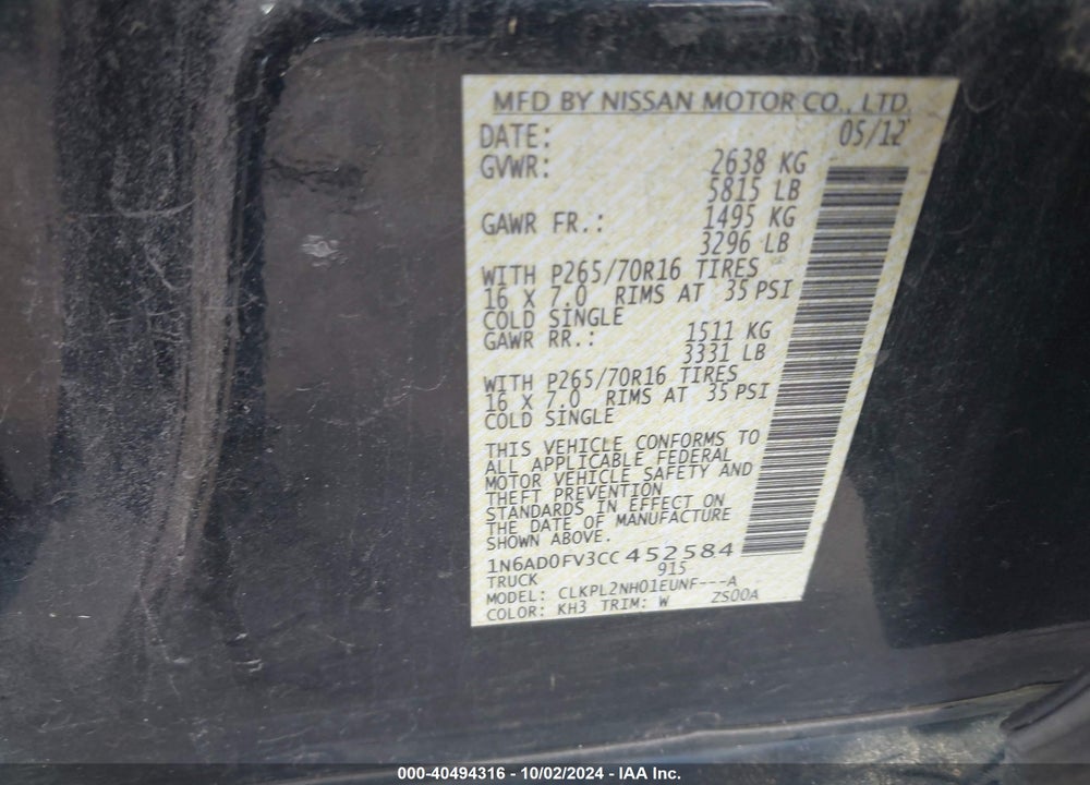 2012 NISSAN FRONTIER SV VIN: 1N6AD0FV3CC452584