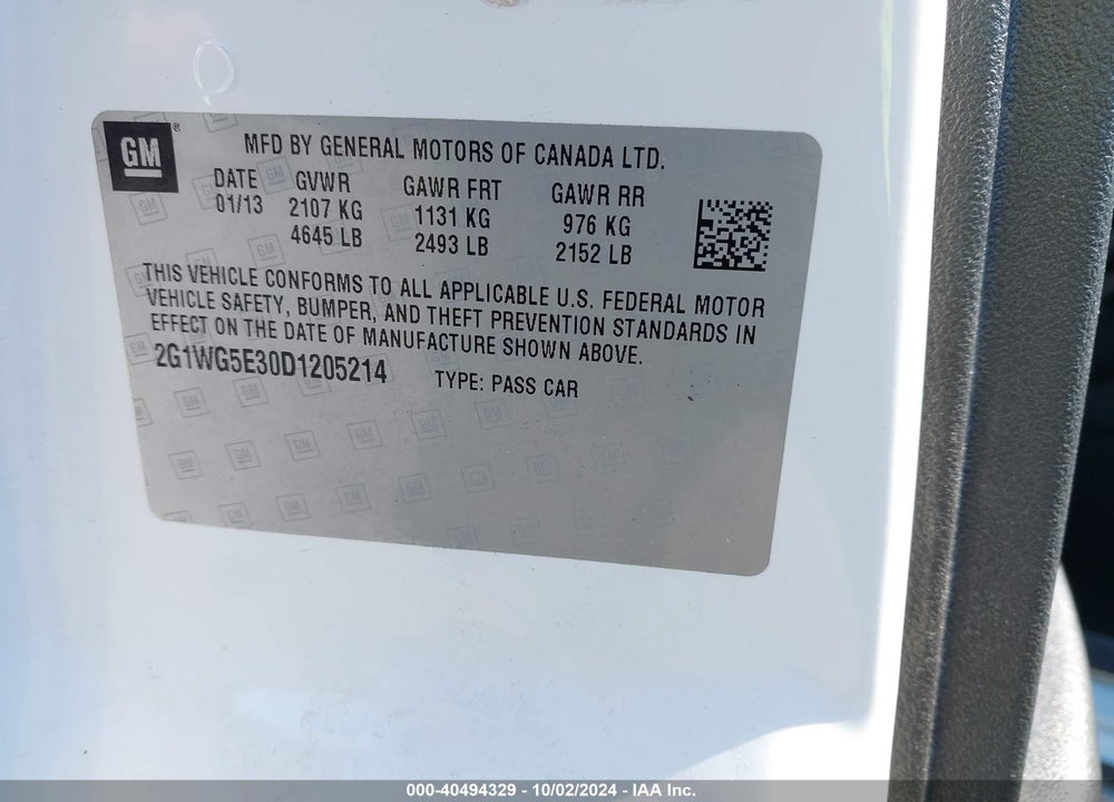 2013 CHEVROLET IMPALA LT VIN: 2G1WG5E30D1205214