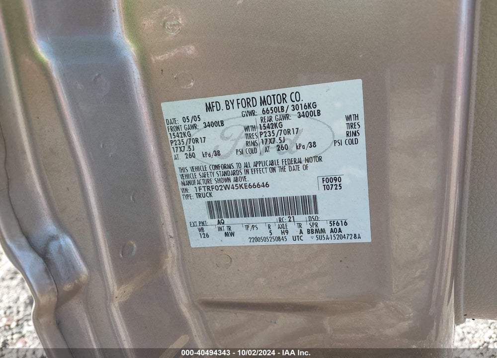2005 FORD F-150 STX/XLT VIN: 1FTRF02W45KE66646