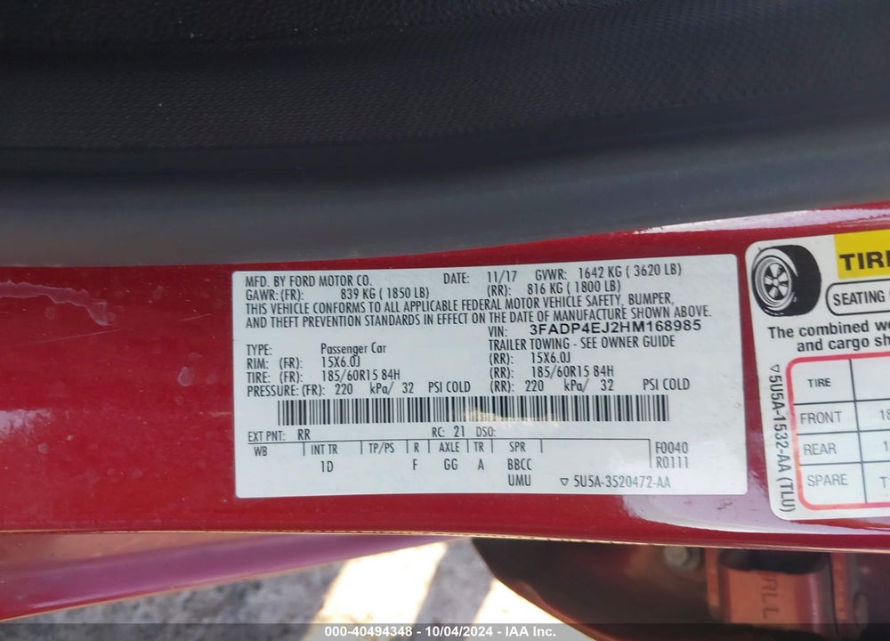 2017 FORD FIESTA SE VIN: 3FADP4EJ2HM168985