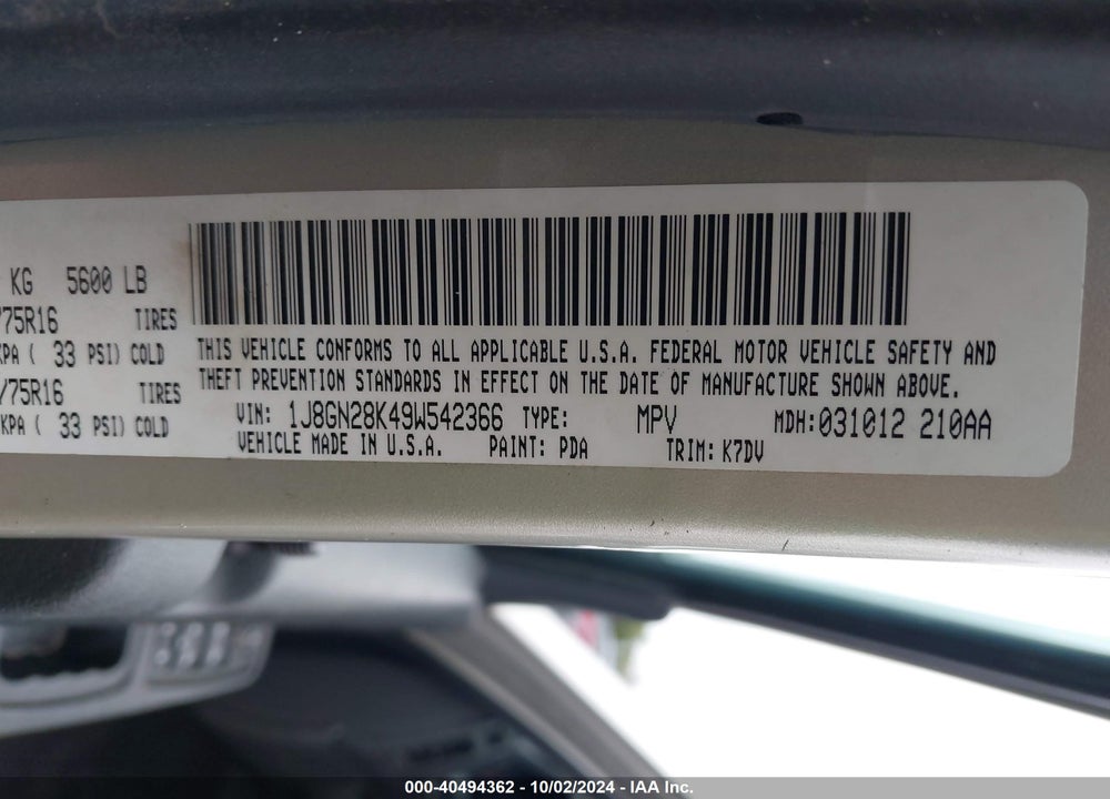 2009 JEEP LIBERTY SPORT VIN: 1J8GN28K49W542366