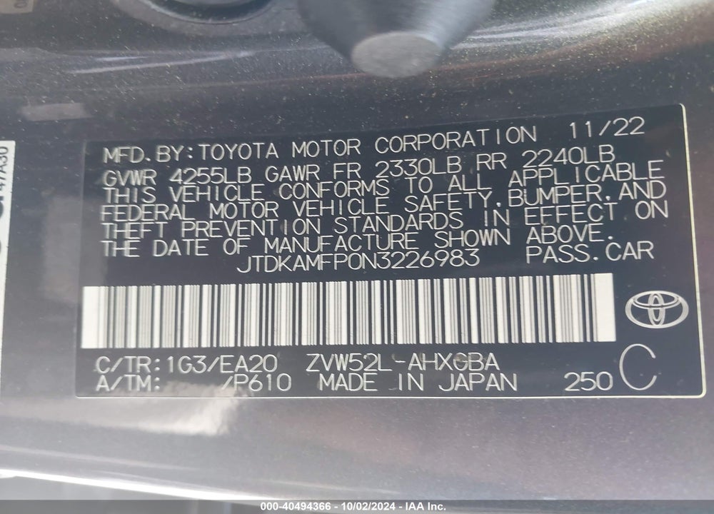 2022 TOYOTA PRIUS PRIME XLE VIN: JTDKAMFP0N3226983