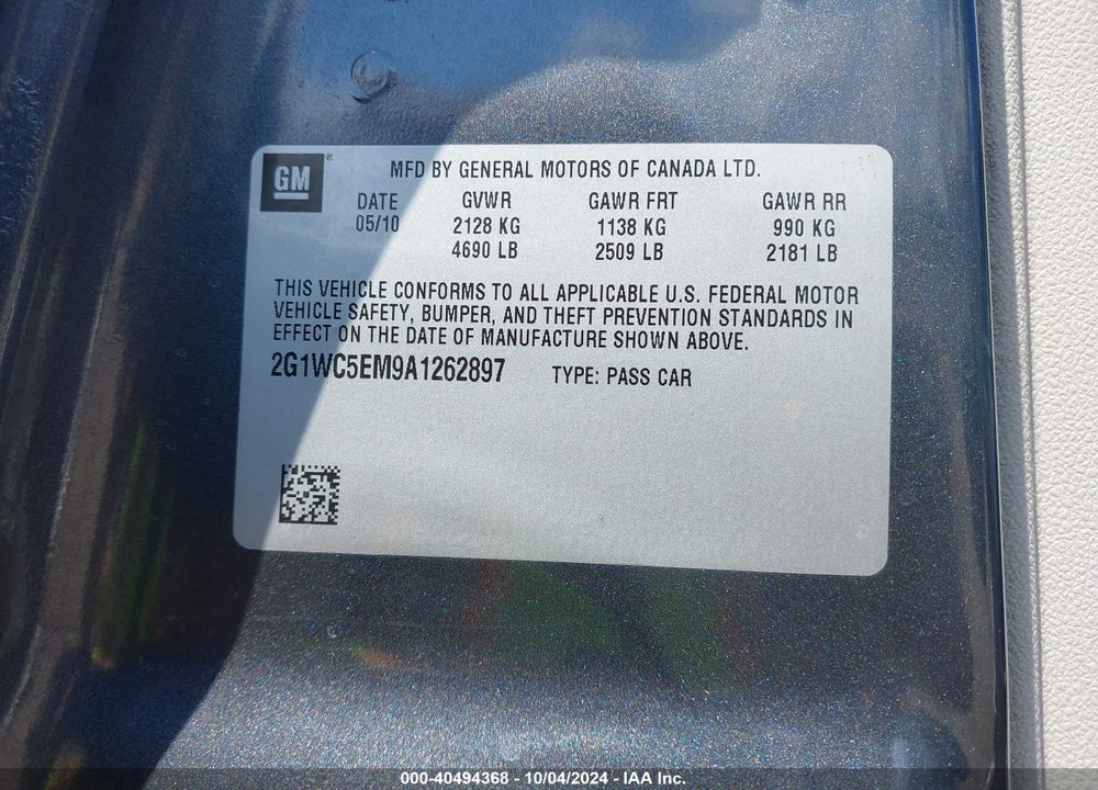 2010 CHEVROLET IMPALA LTZ VIN: 2G1WC5EM9A1262897