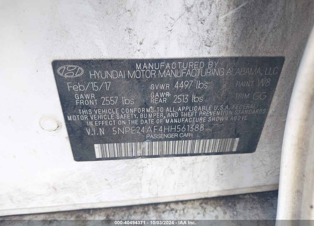 2017 HYUNDAI SONATA VIN: 5NPE24AF4HH561388