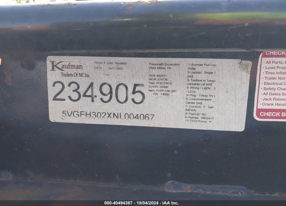 2022 KAUFMAN TRAILERS TRAILER VIN: 5VGFH302XNL004067