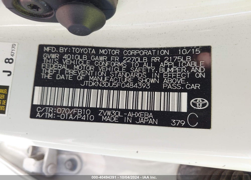 2015 TOYOTA PRIUS THREE VIN: JTDKN3DU5F0484393