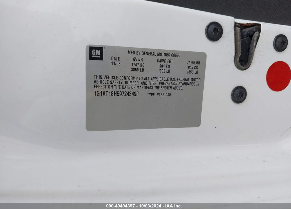 2009 CHEVROLET COBALT VIN: 1G1AT18H597243490