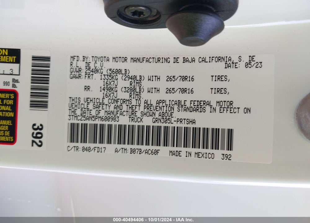 2023 TOYOTA TACOMA TRD OFF ROAD VIN: 3TMCZ5AN5PM600983