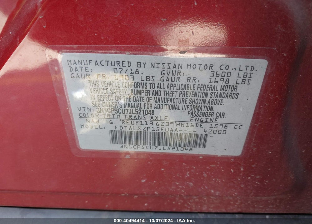2018 NISSAN KICKS SV VIN: 3N1CP5CU7JL521048