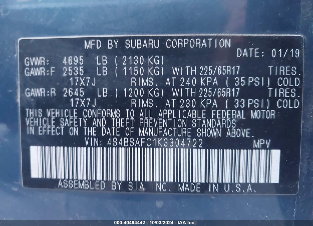 2019 SUBARU OUTBACK 2.5I PREMIUM VIN: 4S4BSAFC1K3304722