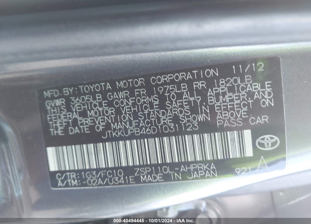 2013 SCION XD VIN: JTKKUPB46D1031123