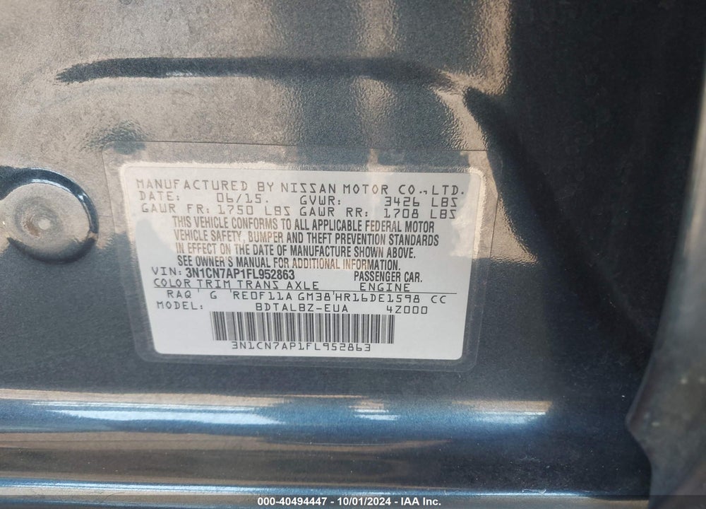 2015 NISSAN VERSA 1.6 SV VIN: 3N1CN7AP1FL952863