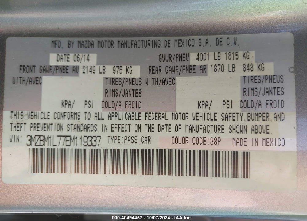 2014 MAZDA 3 I TOURING VIN: 3MZBM1L77EM119337