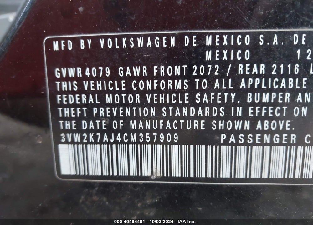 2012 VOLKSWAGEN JETTA 2.0L S VIN: 3VW2K7AJ4CM357909