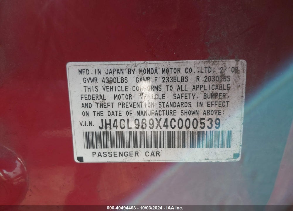 2004 ACURA TSX VIN: JH4CL969X4C000539