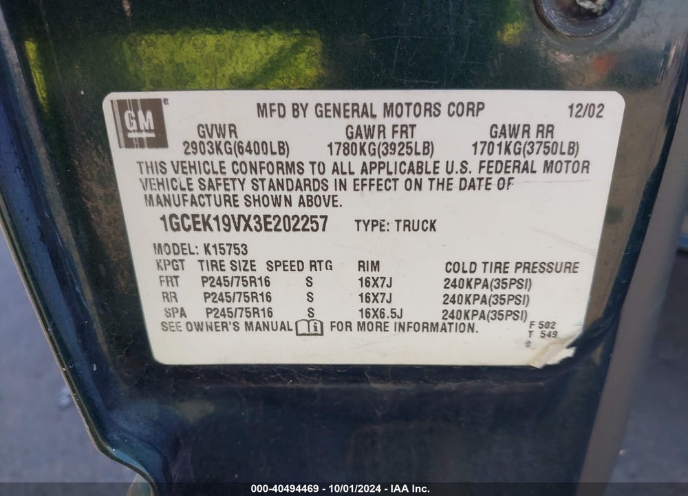 2003 CHEVROLET SILVERADO 1500 LS VIN: 1GCEK19VX3E202257