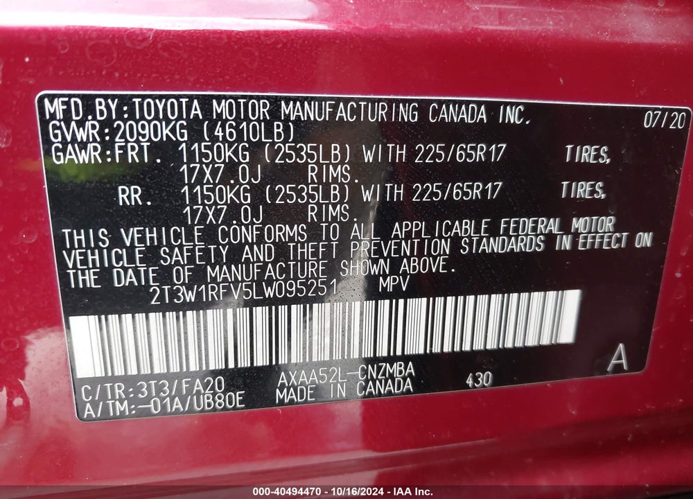 2020 TOYOTA RAV4 XLE VIN: 2T3W1RFV5LW095251