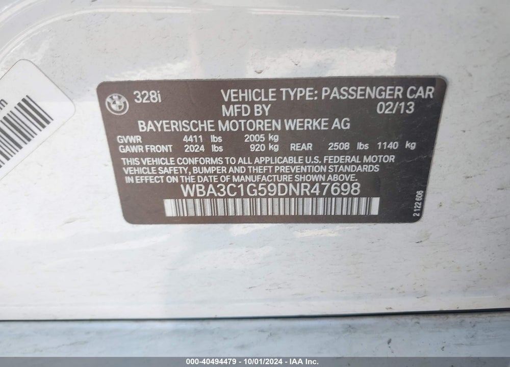 2013 BMW 328I VIN: WBA3C1G59DNR47698