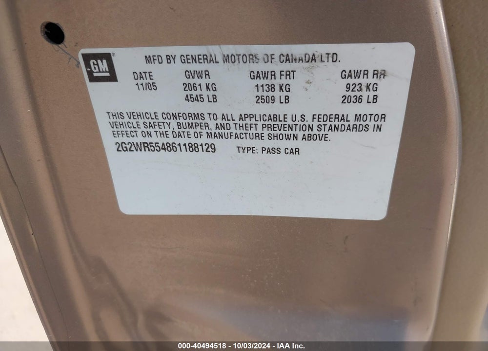 2006 PONTIAC GRAND PRIX GT VIN: 2G2WR554861188129
