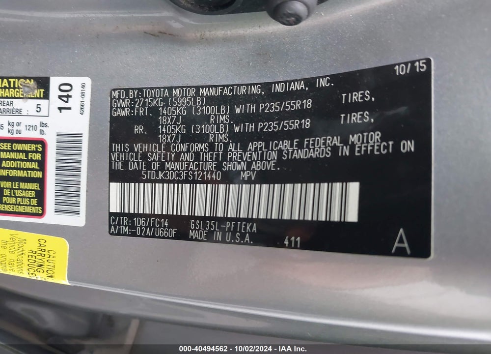 2015 TOYOTA SIENNA LE 7 PASSENGER VIN: 5TDJK3DC3FS121440