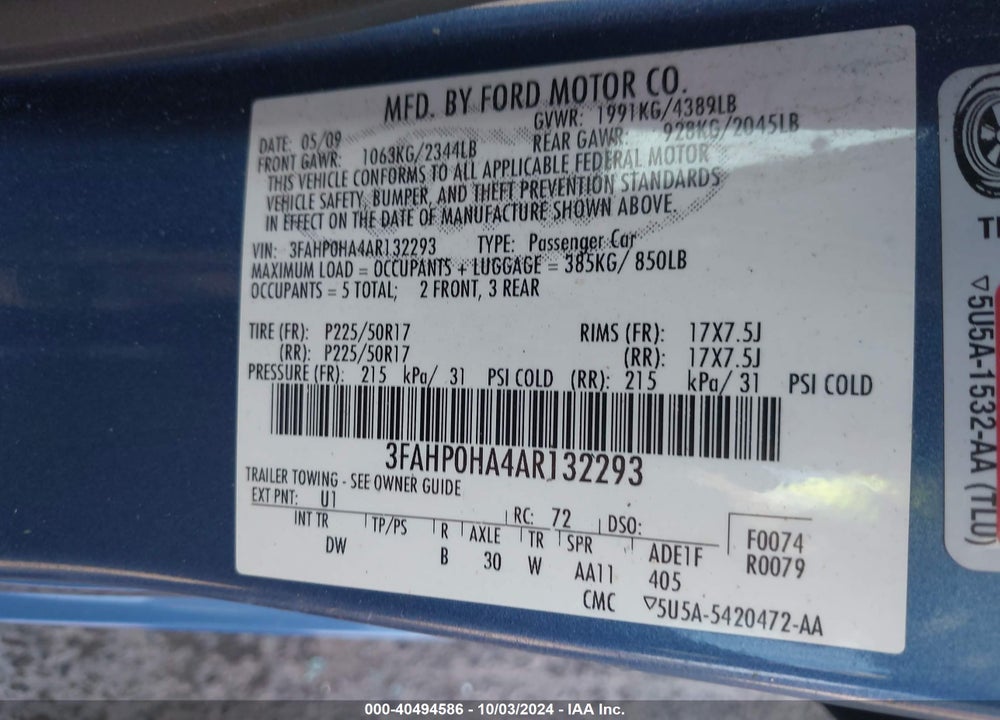 2010 FORD FUSION SE VIN: 3FAHP0HA4AR132293