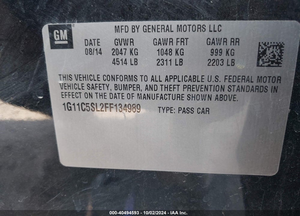 2015 CHEVROLET MALIBU 1LT VIN: 1G11C5SL2FF134989