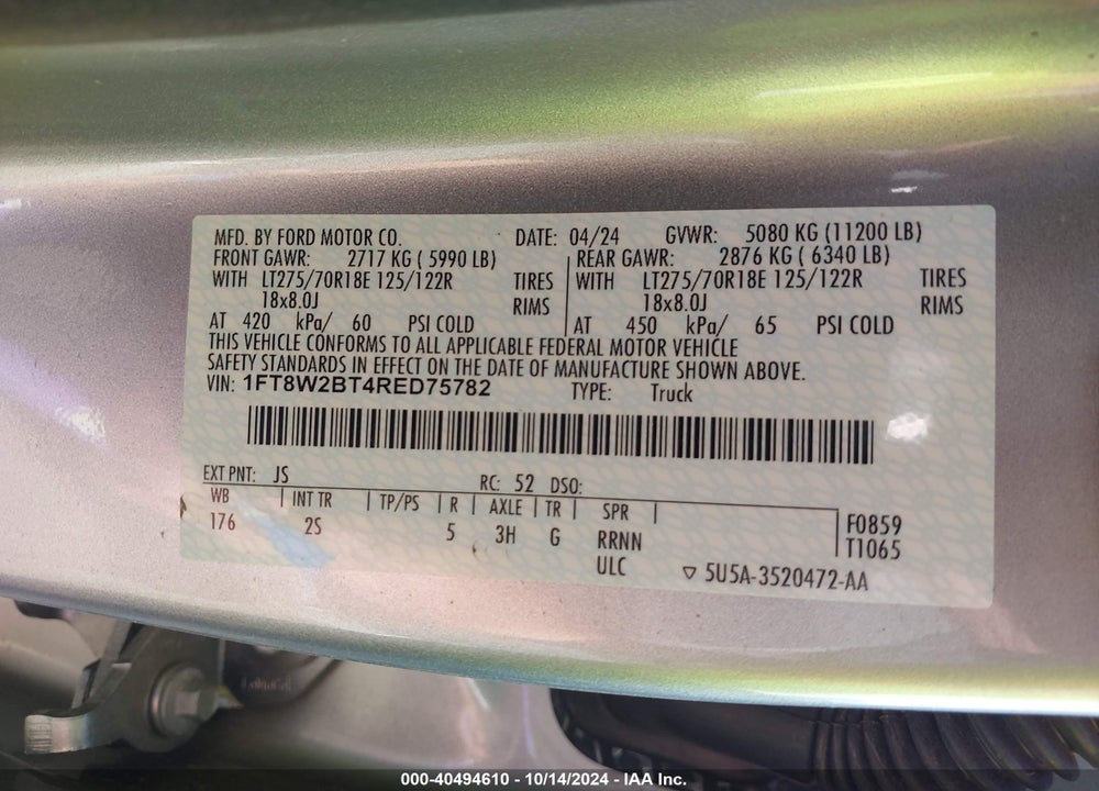2024 FORD F-250 XLT VIN: 1FT8W2BT4RED75782