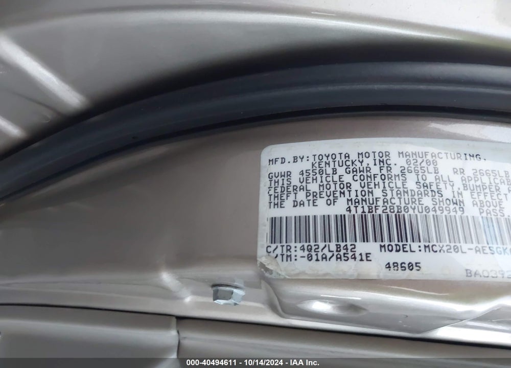 2000 TOYOTA AVALON XLS VIN: 4T1BF28B0YU049949