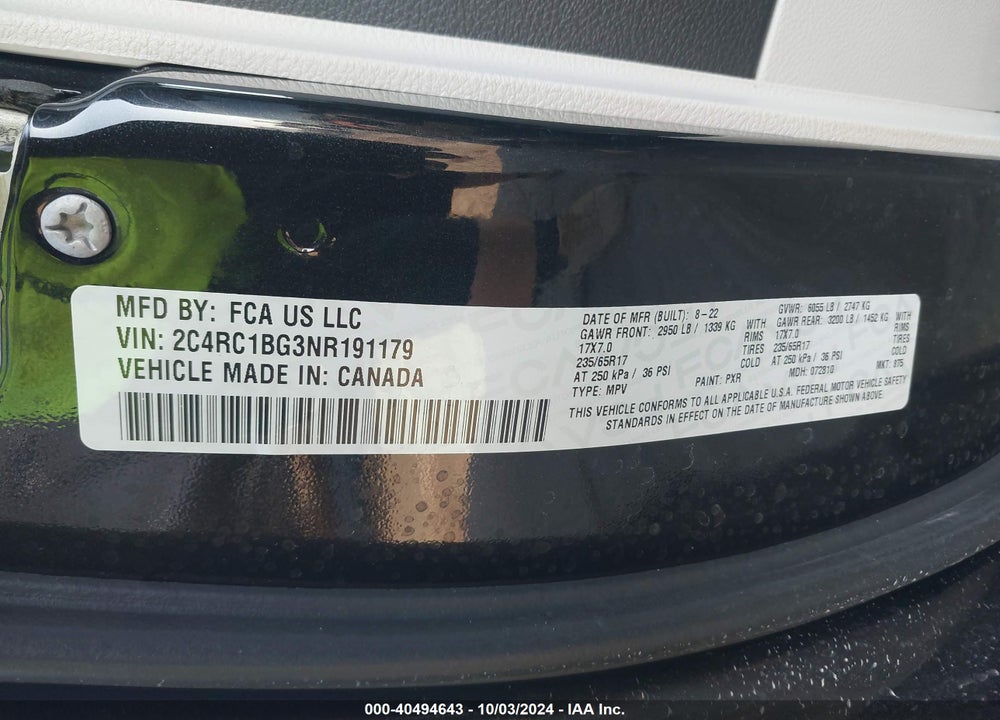 2022 CHRYSLER PACIFICA TOURING L VIN: 2C4RC1BG3NR191179
