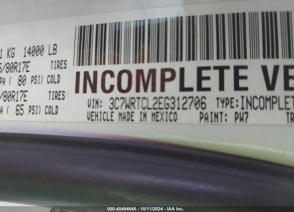 2014 RAM 3500 CHASSIS TRADESMAN/SLT/LAIE VIN: 3C7WRTCL2EG312706