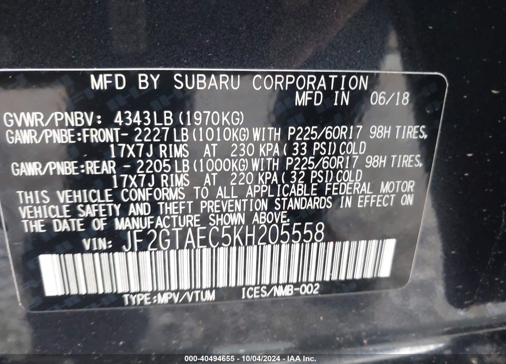 2019 SUBARU CROSSTREK 2.0I PREMIUM VIN: JF2GTAEC5KH205558