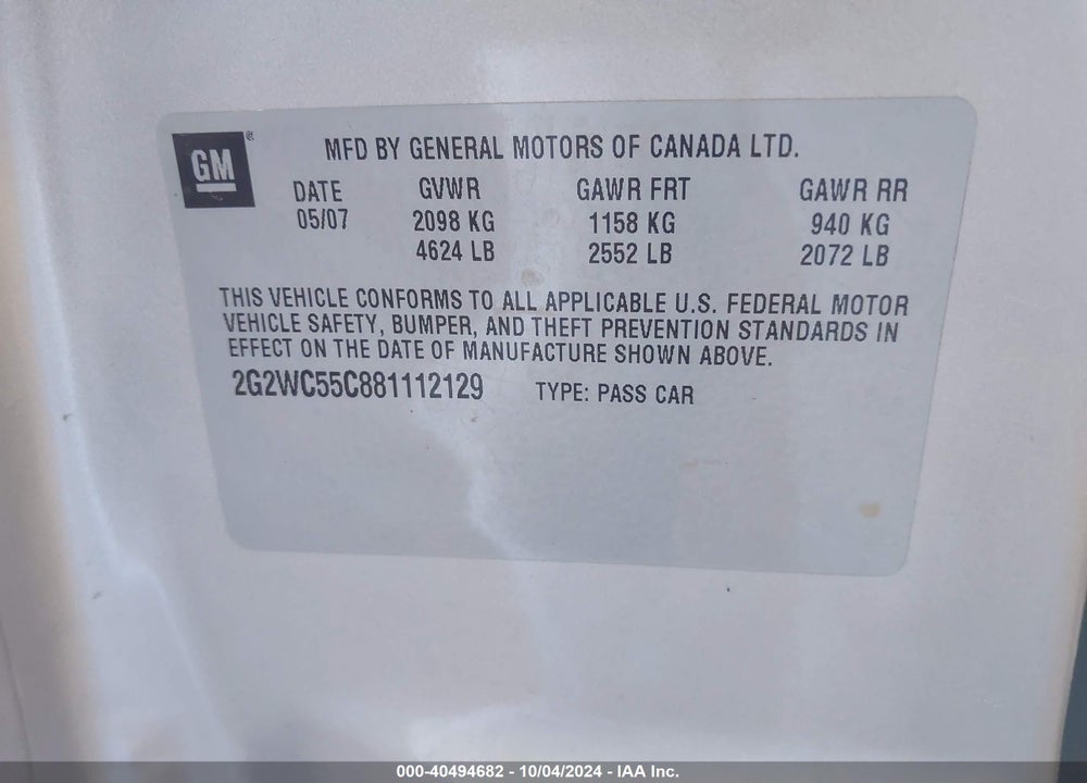2008 PONTIAC GRAND PRIX GXP VIN: 2G2WC55C881112129