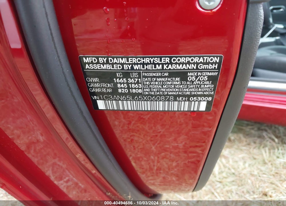2005 CHRYSLER CROSSFIRE LIMITED VIN: 1C3AN65L65X060878