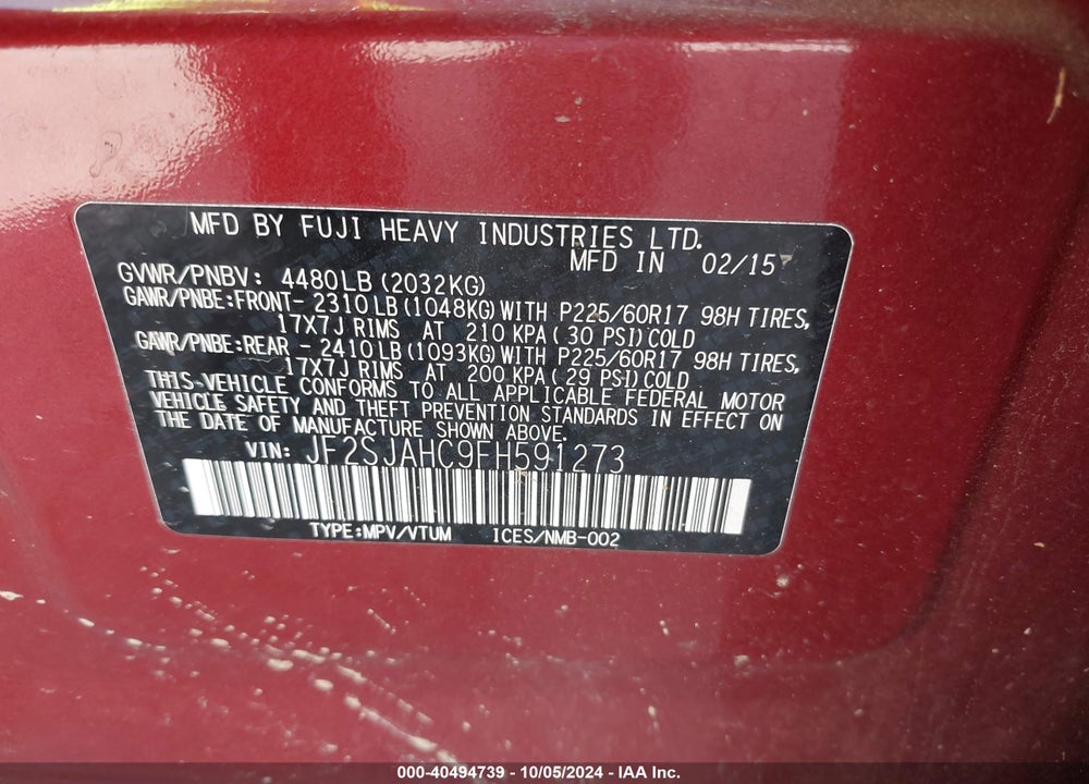 2015 SUBARU FORESTER 2.5I LIMITED VIN: JF2SJAHC9FH591273