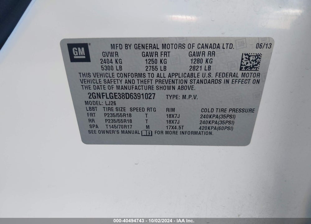 2013 CHEVROLET EQUINOX LTZ VIN: 2GNFLGE38D6391027
