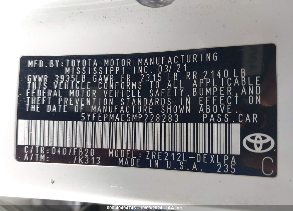 2021 TOYOTA COROLLA LE VIN: 5YFEPMAE5MP228283