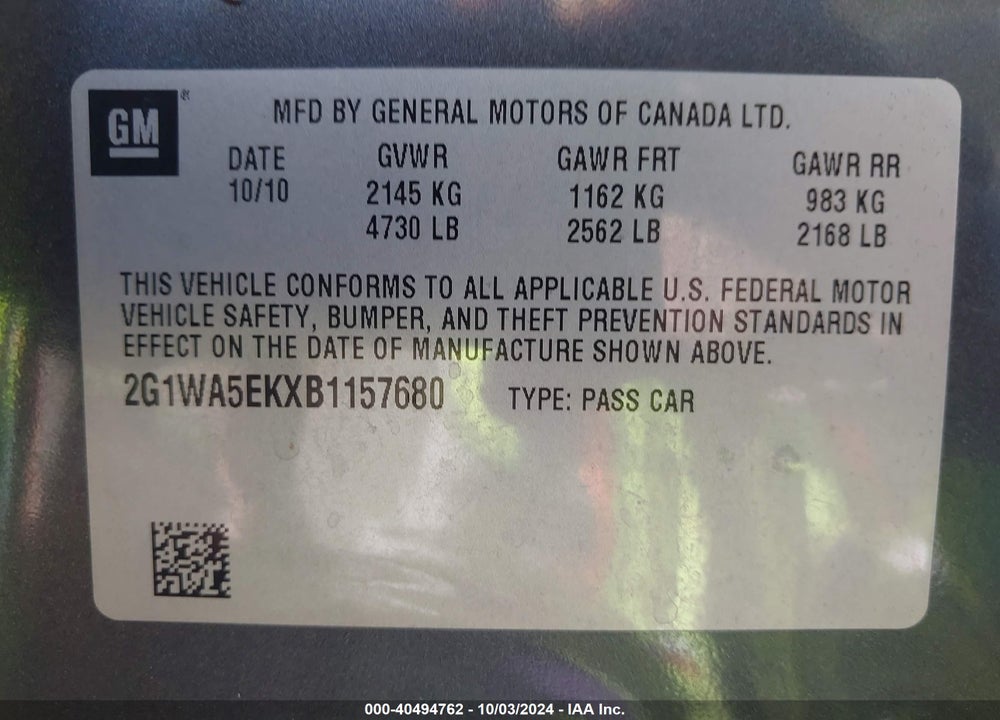 2011 CHEVROLET IMPALA LS VIN: 2G1WA5EKXB1157680
