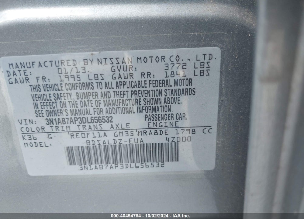 2013 NISSAN SENTRA SV VIN: 3N1AB7AP3DL656532