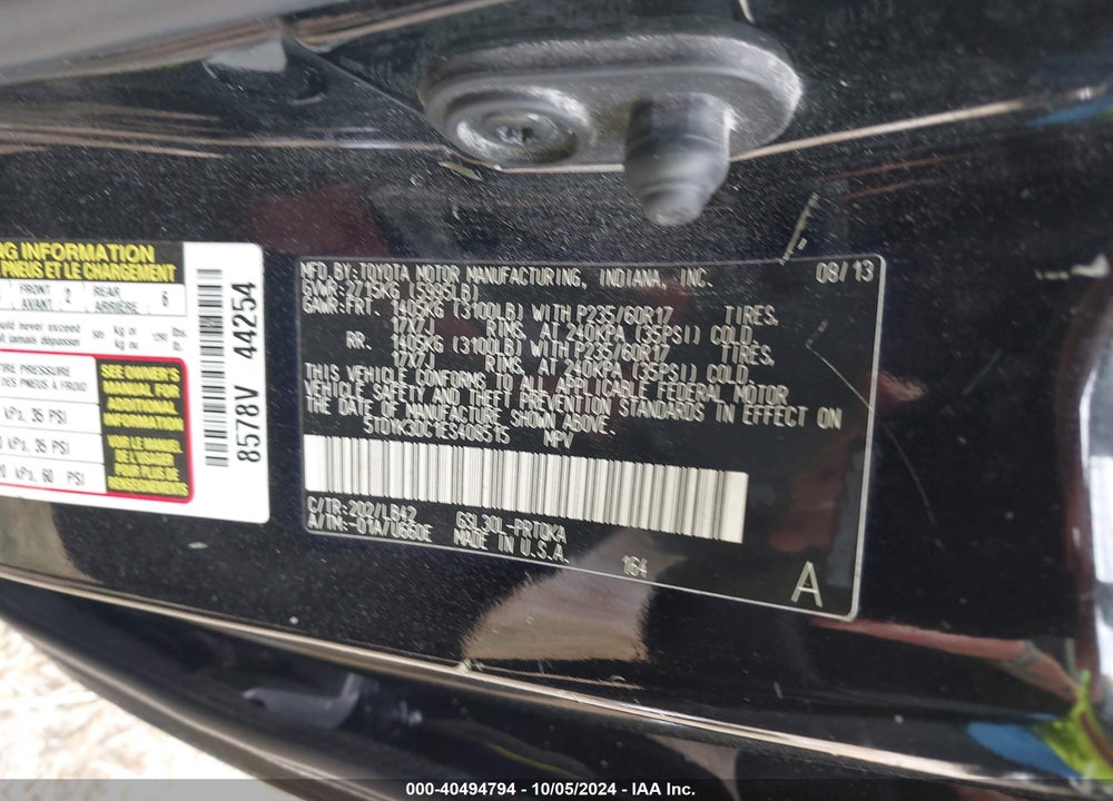 2014 TOYOTA SIENNA XLE V6 8 PASSENGER VIN: 5TDYK3DC1ES408515