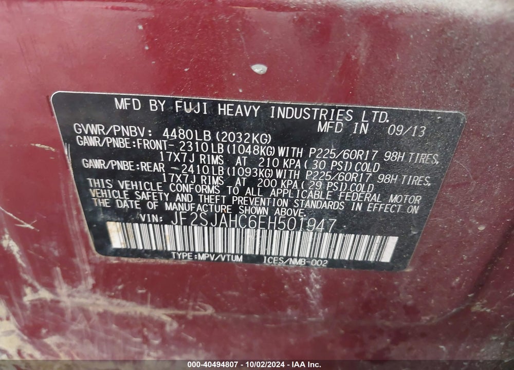2014 SUBARU FORESTER 2.5I LIMITED VIN: JF2SJAHC6EH501947