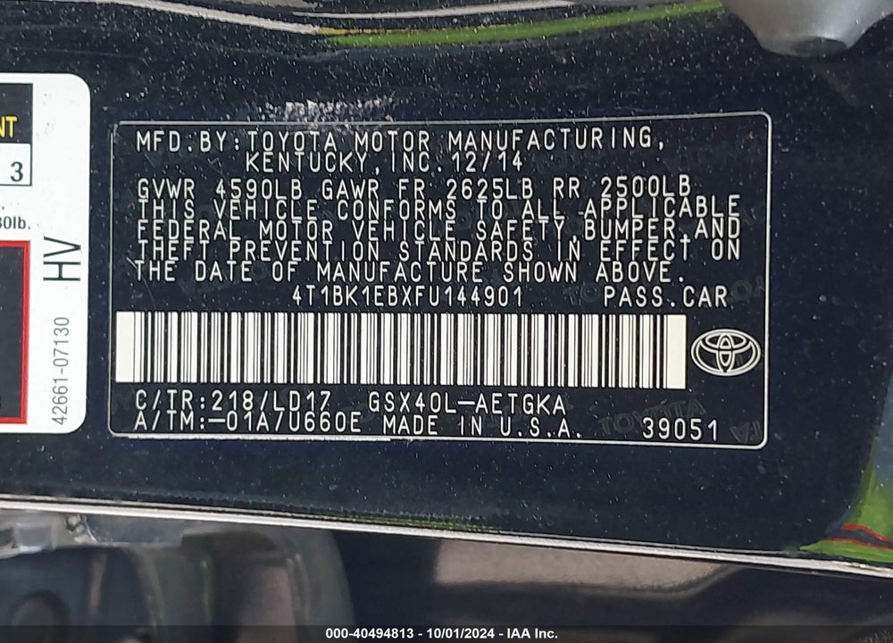 2015 TOYOTA AVALON XLE VIN: 4T1BK1EBXFU144901