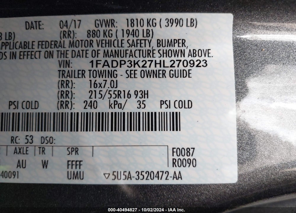 2017 FORD FOCUS SE VIN: 1FADP3K27HL270923