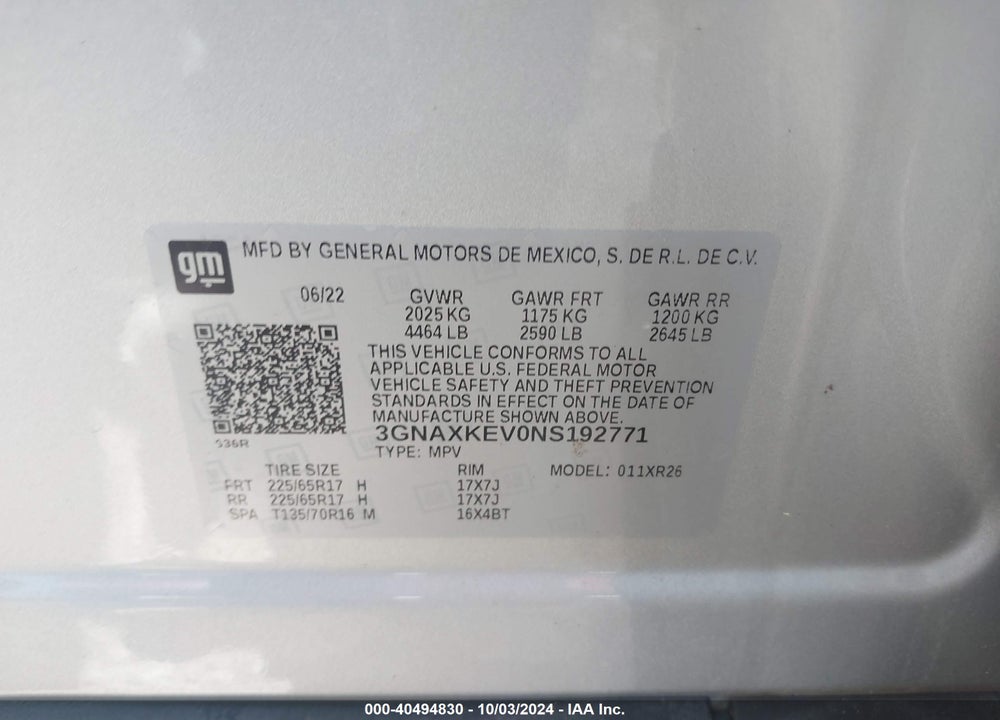 2022 CHEVROLET EQUINOX FWD LT VIN: 3GNAXKEV0NS192771